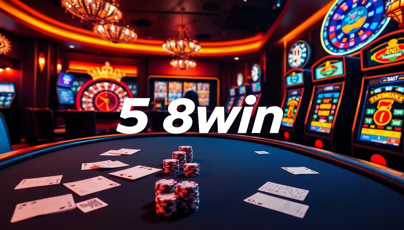 Experience the excitement of winning at 58win's luxurious online casino featuring poker tables and vibrant slot machines.