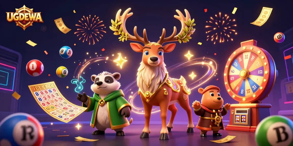 Engage in the excitement of UGDEWA's lottery with vibrant elements and magical characters.
