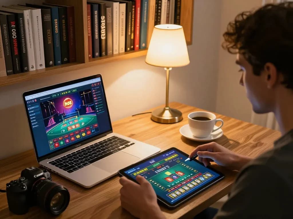 Player actively engaging with ho88 casino app on tablet during a cozy home gaming session.