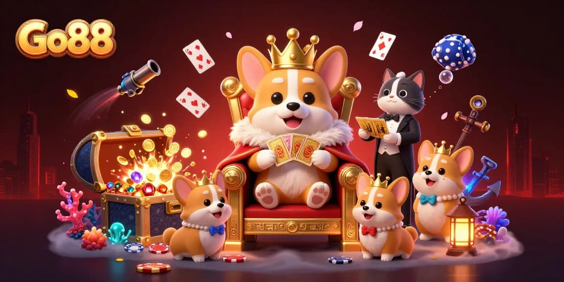 Experience thrilling wins at Go88 with vibrant corgi royalty and dynamic casino elements