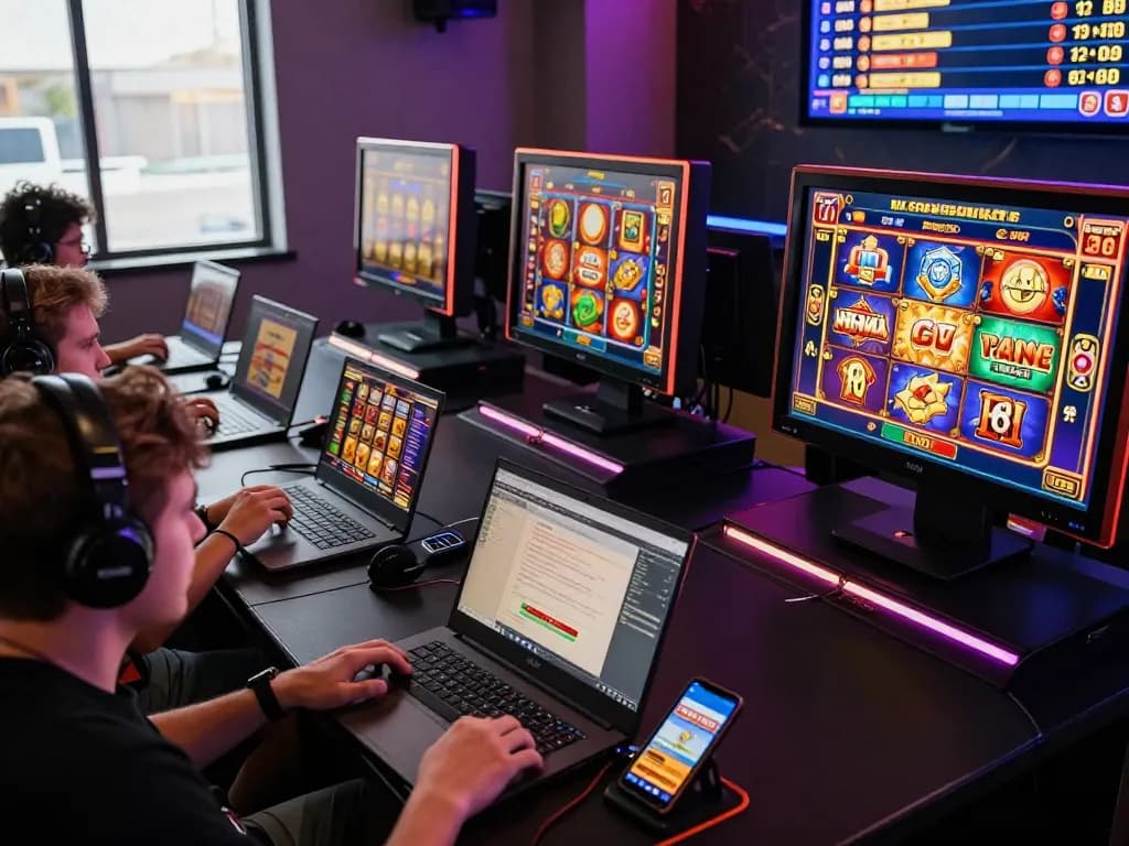 Players enjoying BIUSTOTO online slot games on laptops and smartphones, showcasing vibrant graphics and engaging gameplay.
