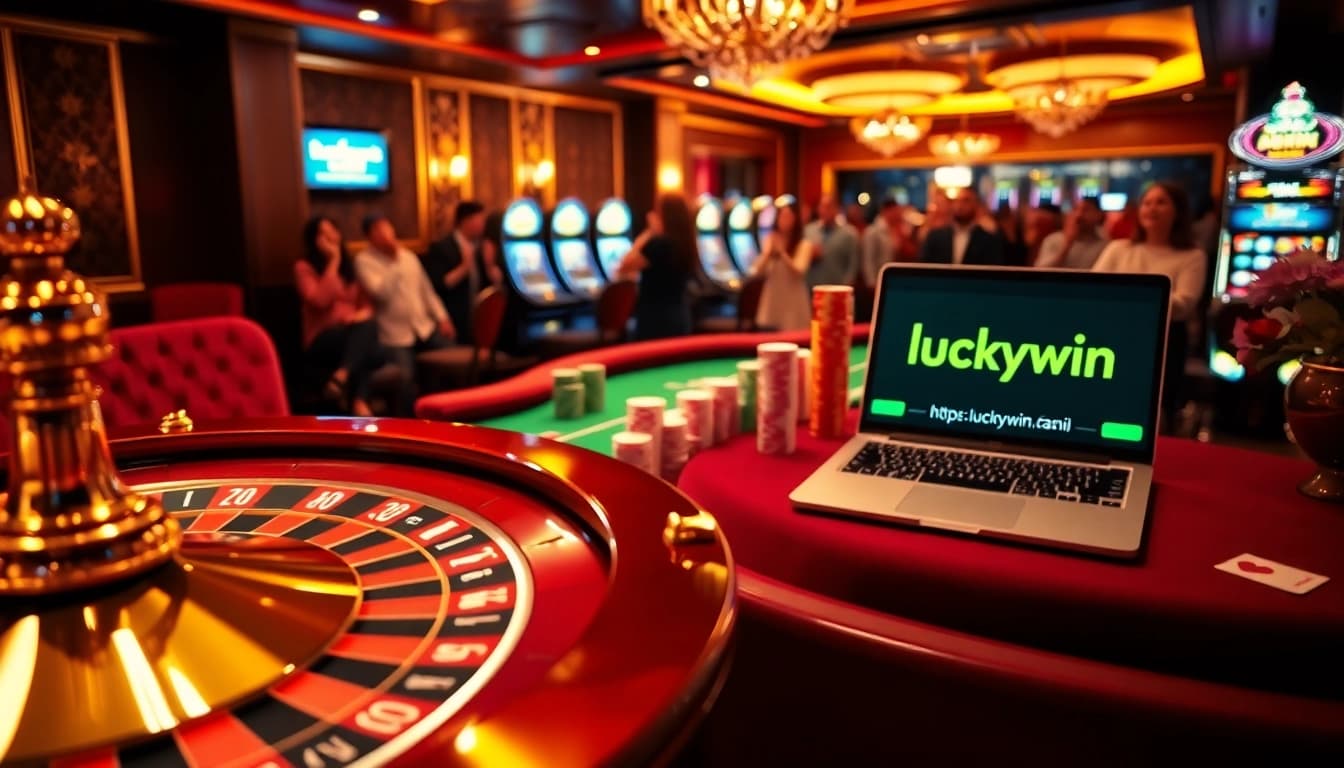 Experience luxury gaming at https://luckywin.fan/ with vibrant roulette and poker tables in a casino scene.