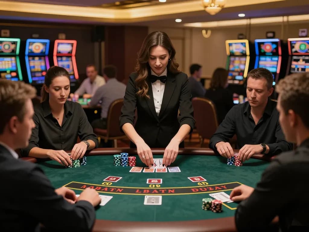Players engaging at the tr88 blackjack table with a professional dealer in a vibrant casino.
