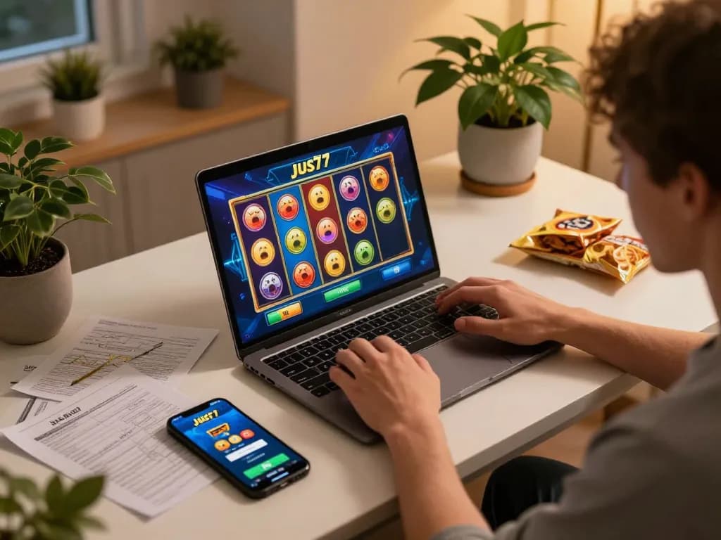 Bermain game slot jus77 di laptop dengan catatan strategi di dekatnya dalam suasana yang nyaman