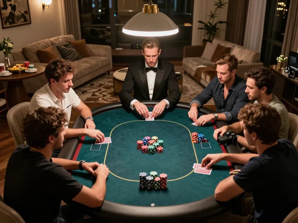 Players engaging intensely at a poker table, showcasing strategic moments with tr88 and colorful chips amidst elegant home setting.