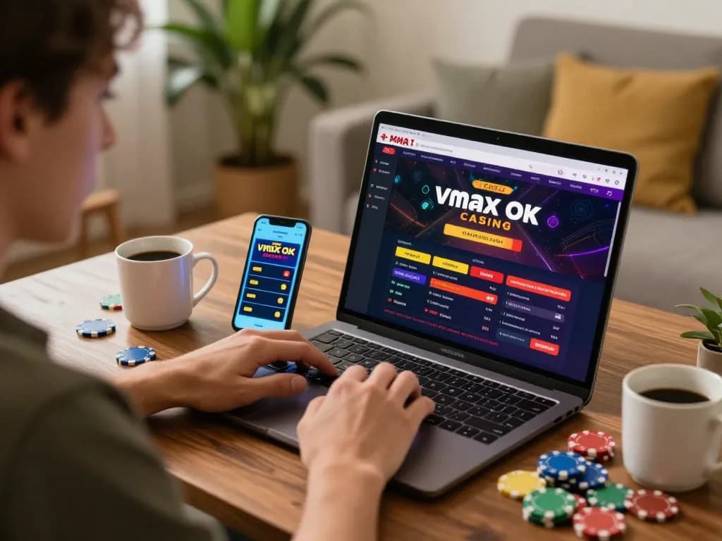 Engaging in online gaming on Vmax ok with casino interface visible on laptop and chips nearby
