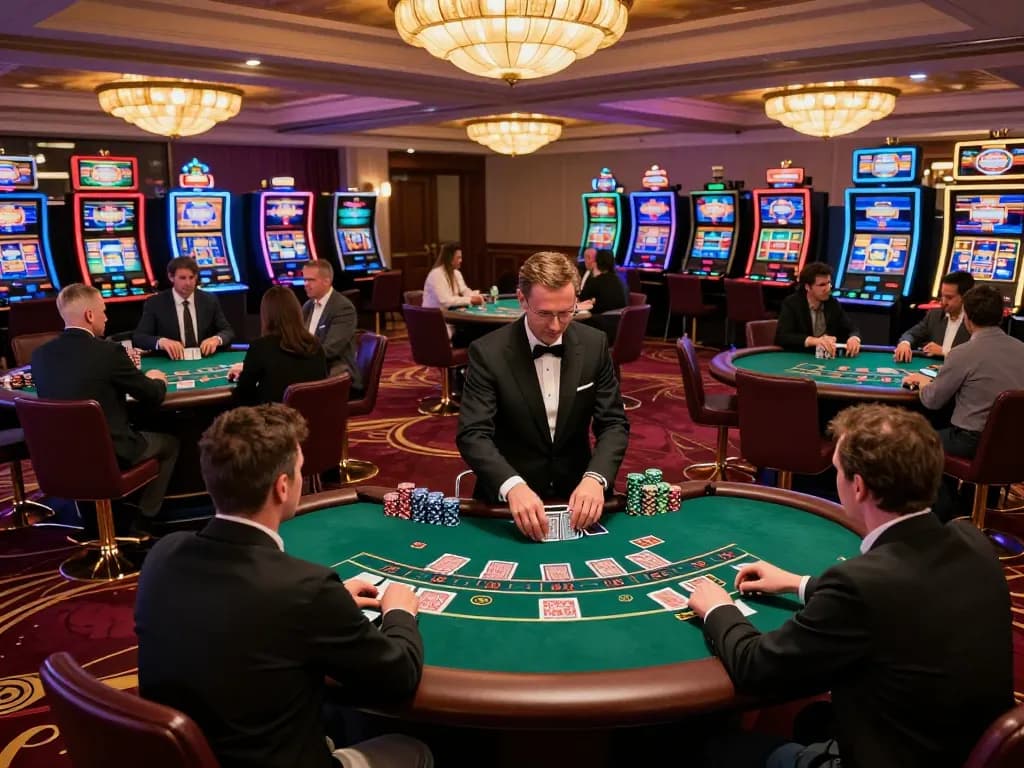 tr88 players strategizing at blackjack table in upscale casino with vibrant atmosphere