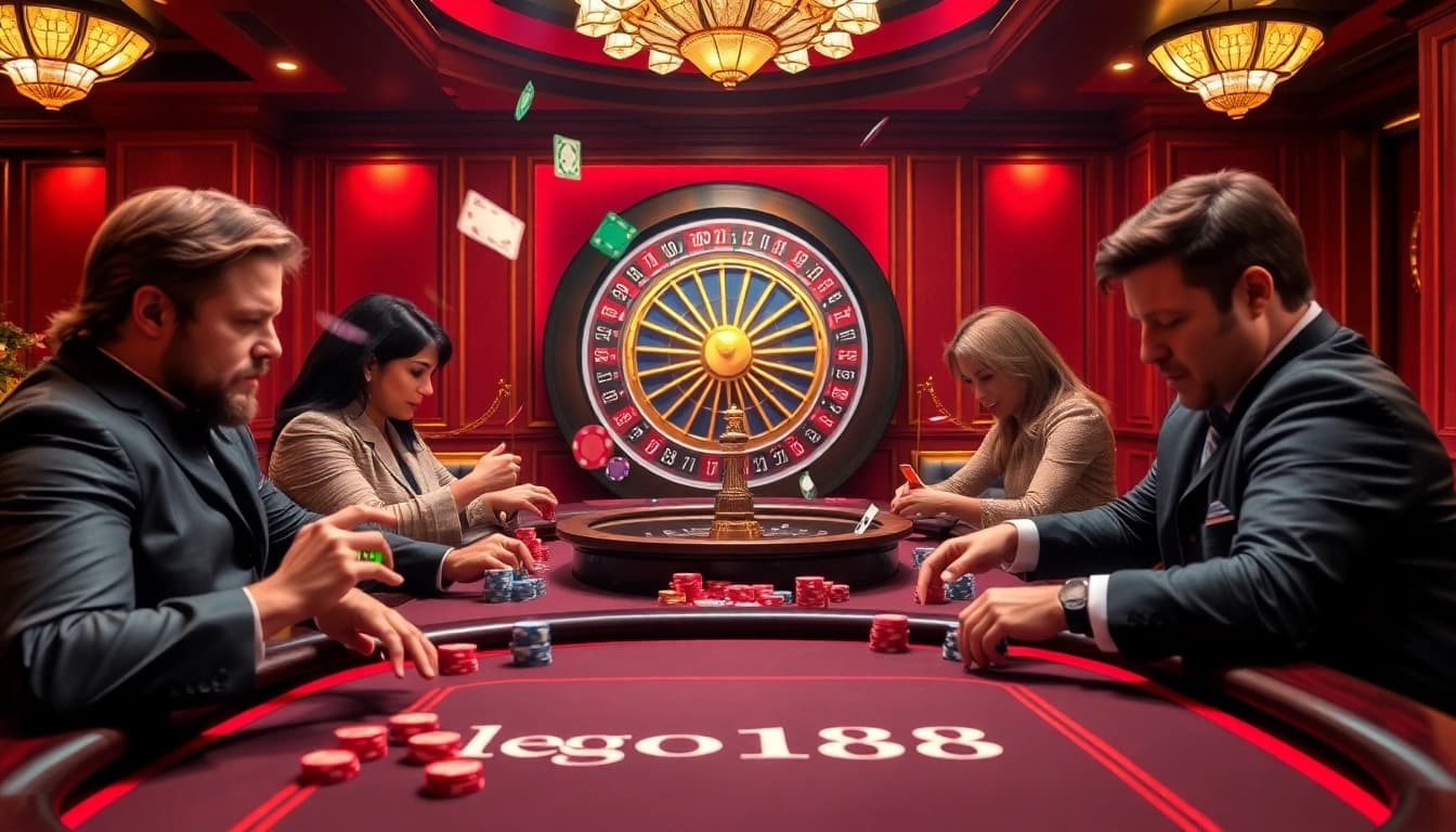 A thrilling casino scene depicting high-stakes poker at lego138, showcasing vibrant chips and players in action.