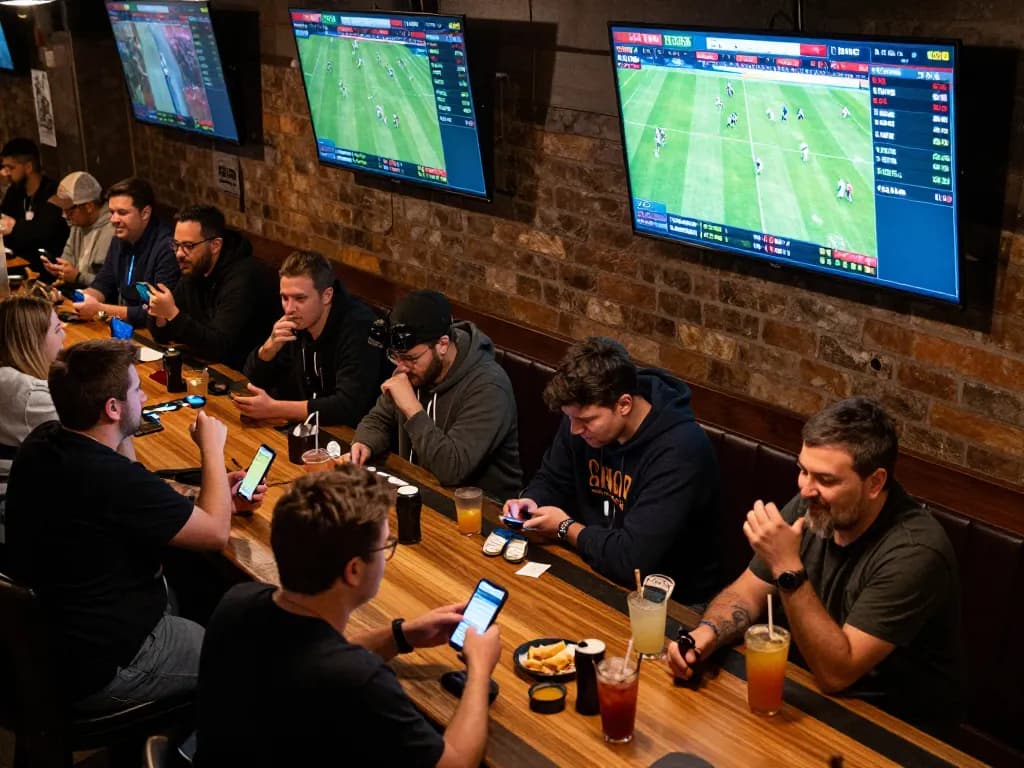 KQBD updates displayed on screens while fans cheer and engage in sports betting.