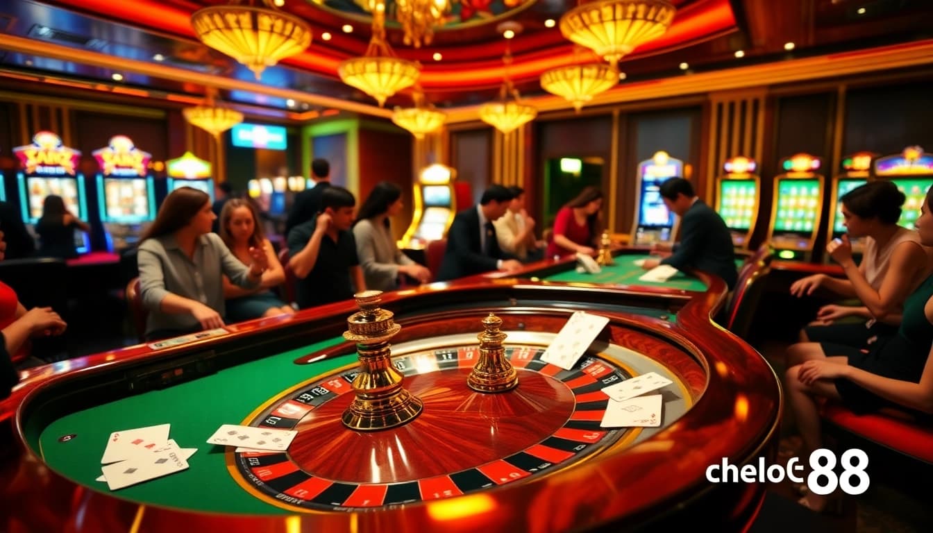 Experience thrilling gameplay at hello88's vibrant casino tables, showcasing poker chips, cards, and roulette.