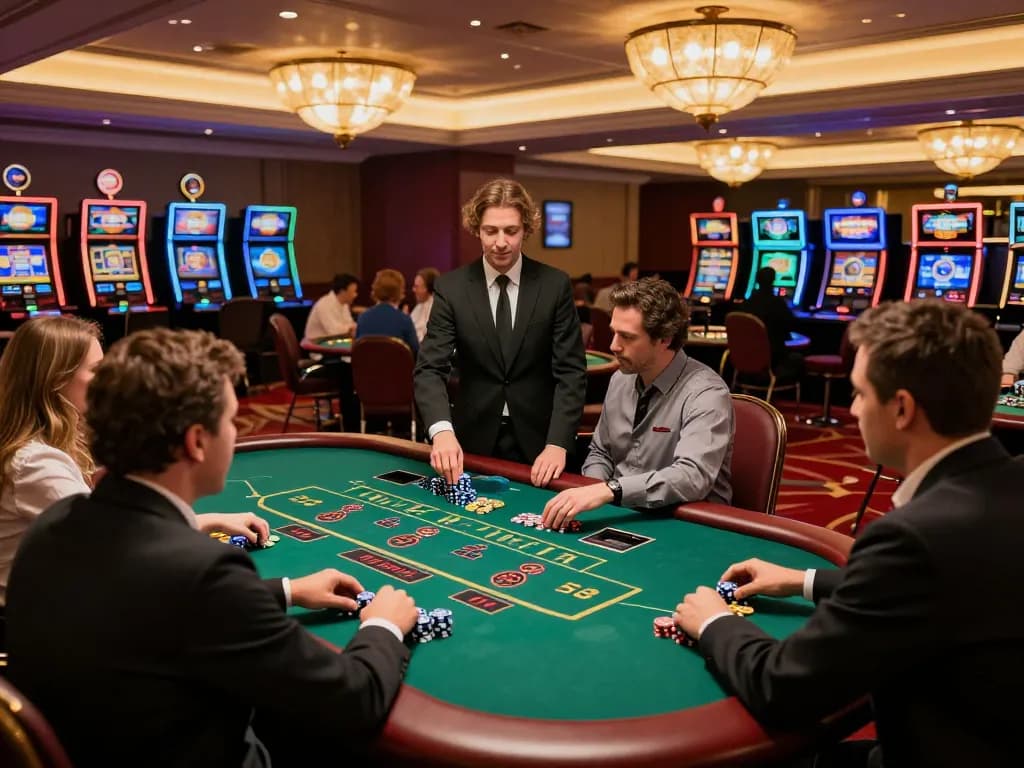 Players engaging at VN88's blackjack table, showcasing strategic gameplay and luxury atmosphere
