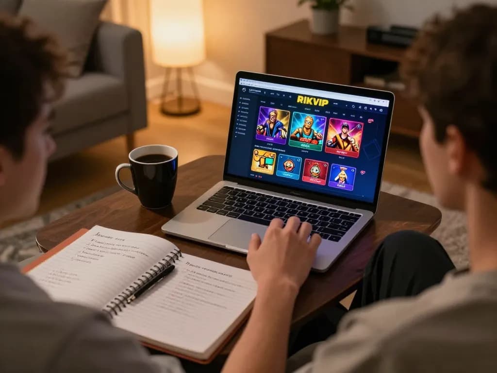 Player engaging with RIKVIP online gaming interface in a cozy home setting.
