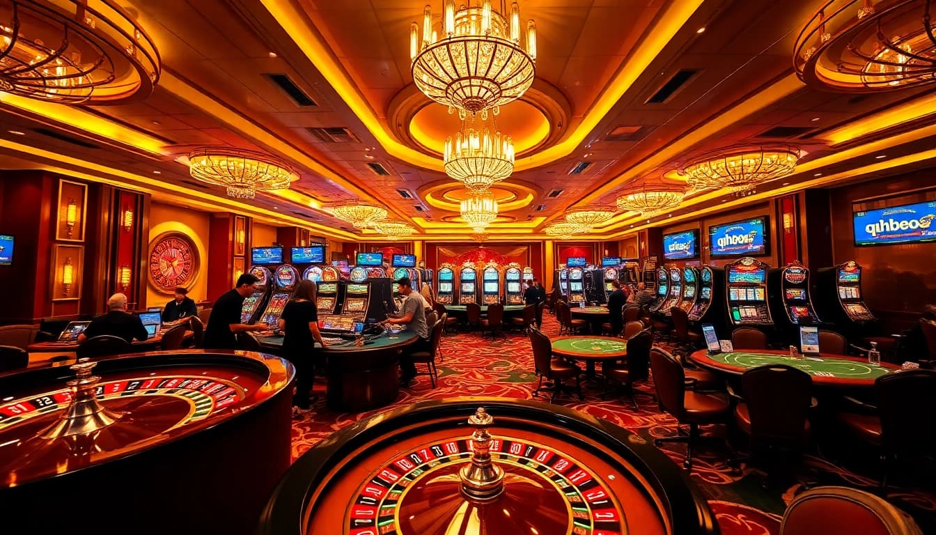Experience the thrill of qh88 with players at glamorous casino tables and exciting games.