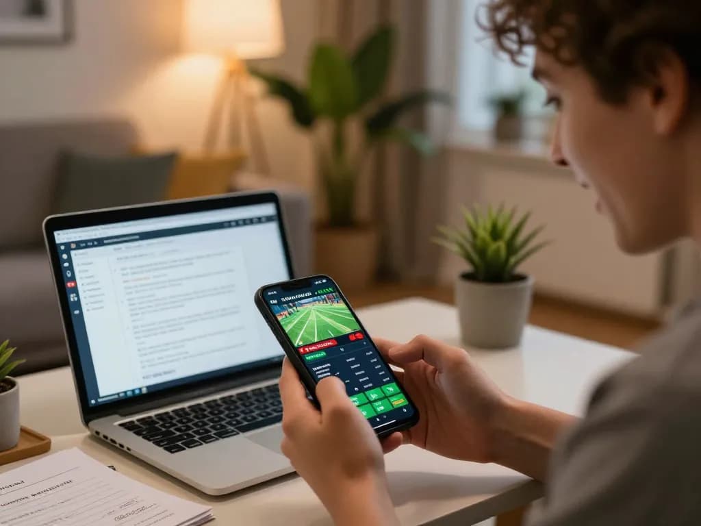 Engaged user placing bets on a kèo nhà cái app in a cozy living room atmosphere