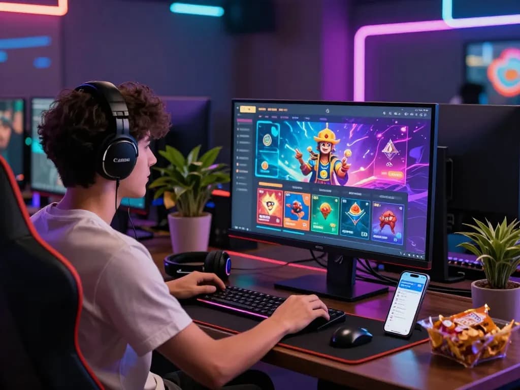 Engaging scene of sun win gaming platform user immersed in vibrant online gaming experience with colorful game visuals.