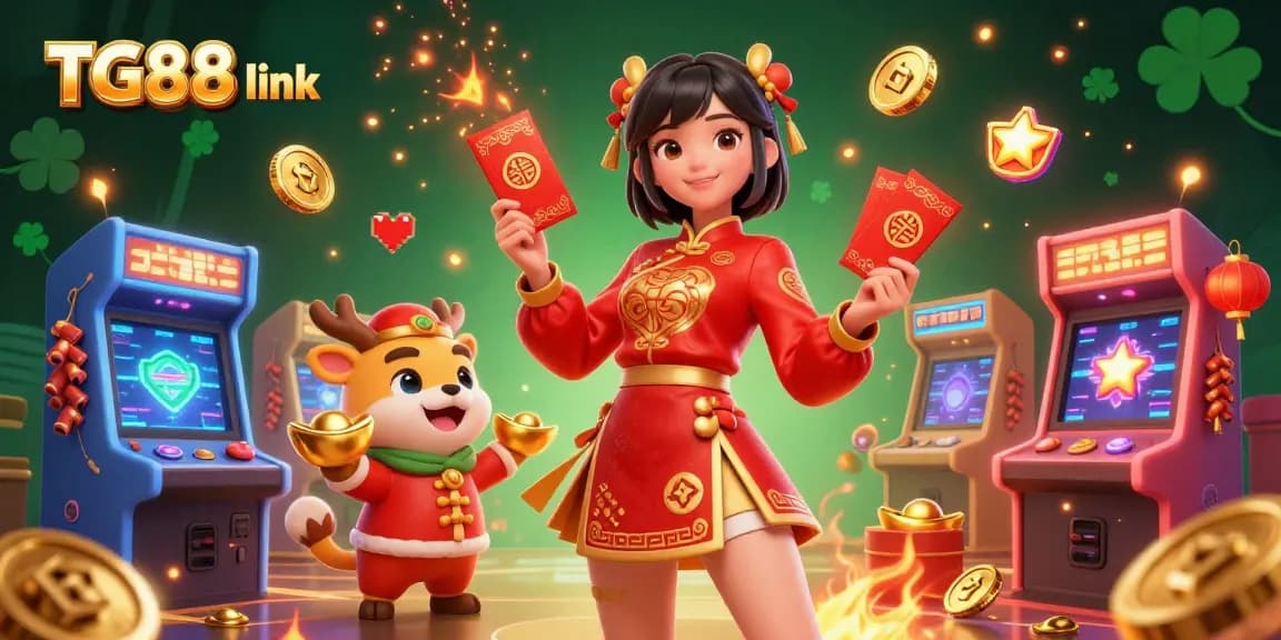 Experience the excitement of TG88 link with this vibrant 3D illustration showcasing festive elements and gaming action.