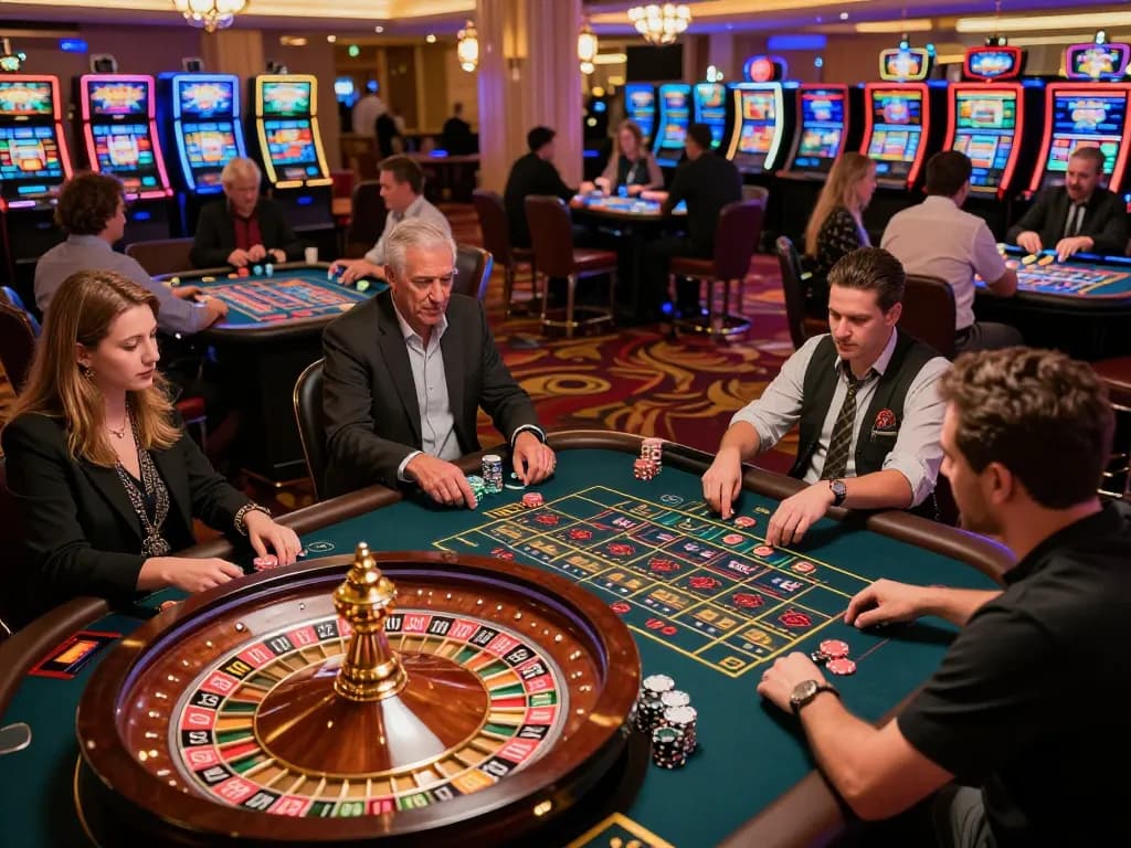 Players engage with open88 games at a lively casino, highlighting excitement in gambling.