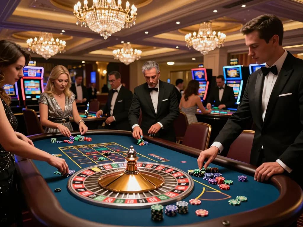 Players enjoying the thrill of roulette at VK88 casino with elegant décor and vibrant atmosphere
