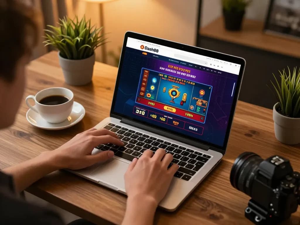 Engaged player exploring Dash88 online casino games on a laptop, vibrant setting with warm ambiance.