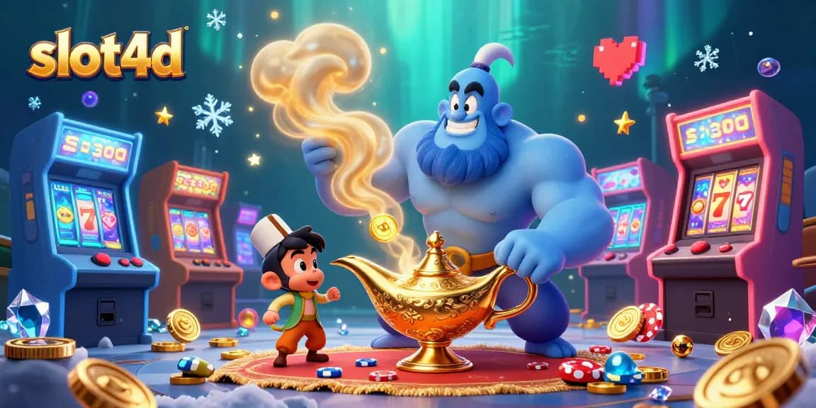 Experience thrilling slot4d adventures with colorful game elements and genie magic in a dynamic 3D illustration.