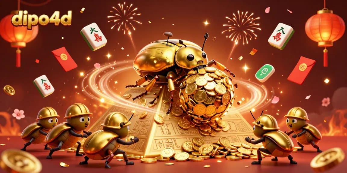 Experience the excitement of dipo4d with golden beetles rolling coins and vibrant casino elements.