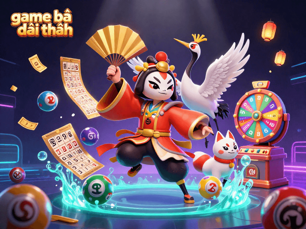 Experience game bài đổi thưởng excitement with a vibrant 3D illustration showcasing dynamic lottery elements.