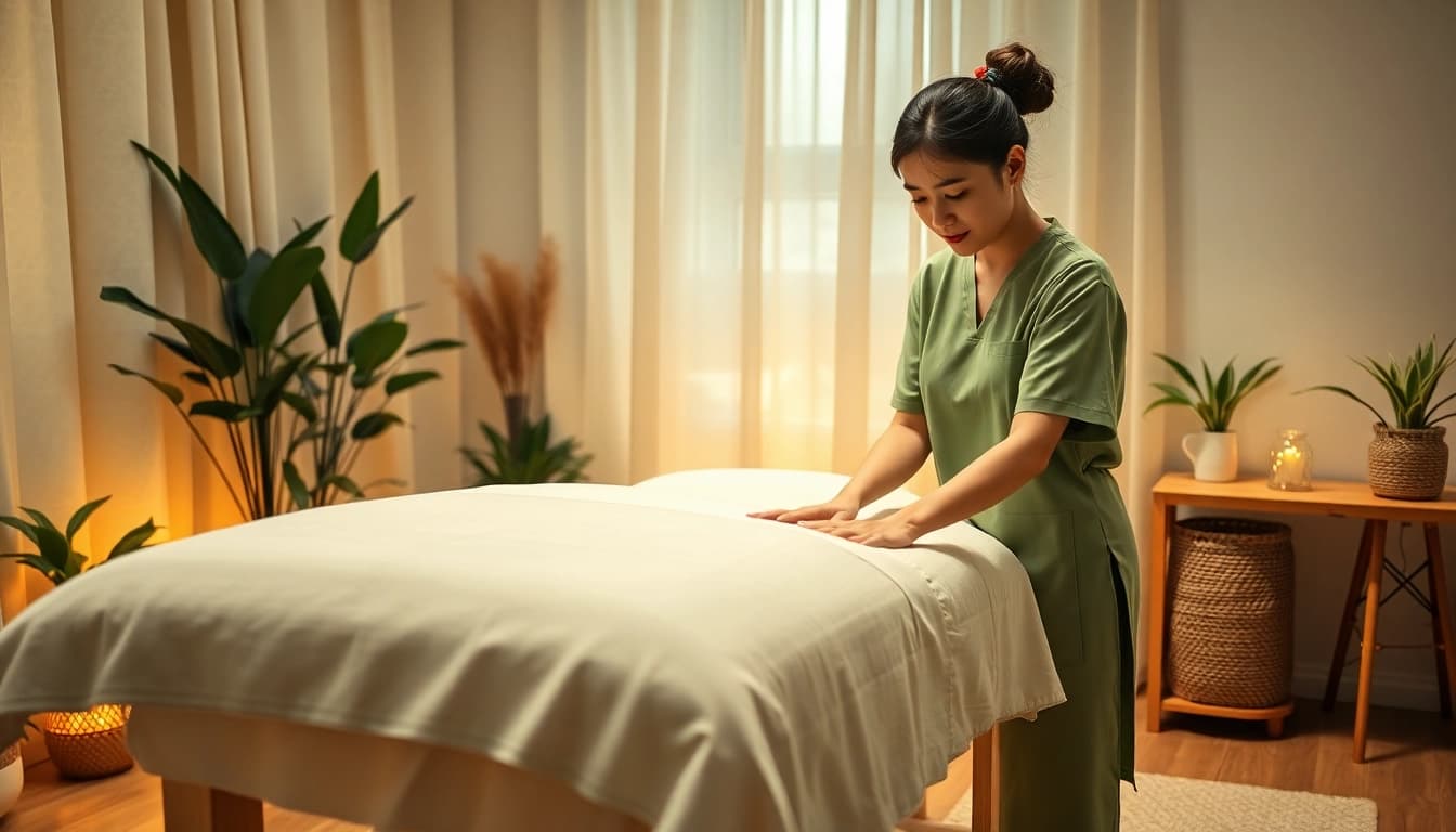 Experience the soothing ambiance of 평택출장마사지 with a professional therapist setting up for a home massage.