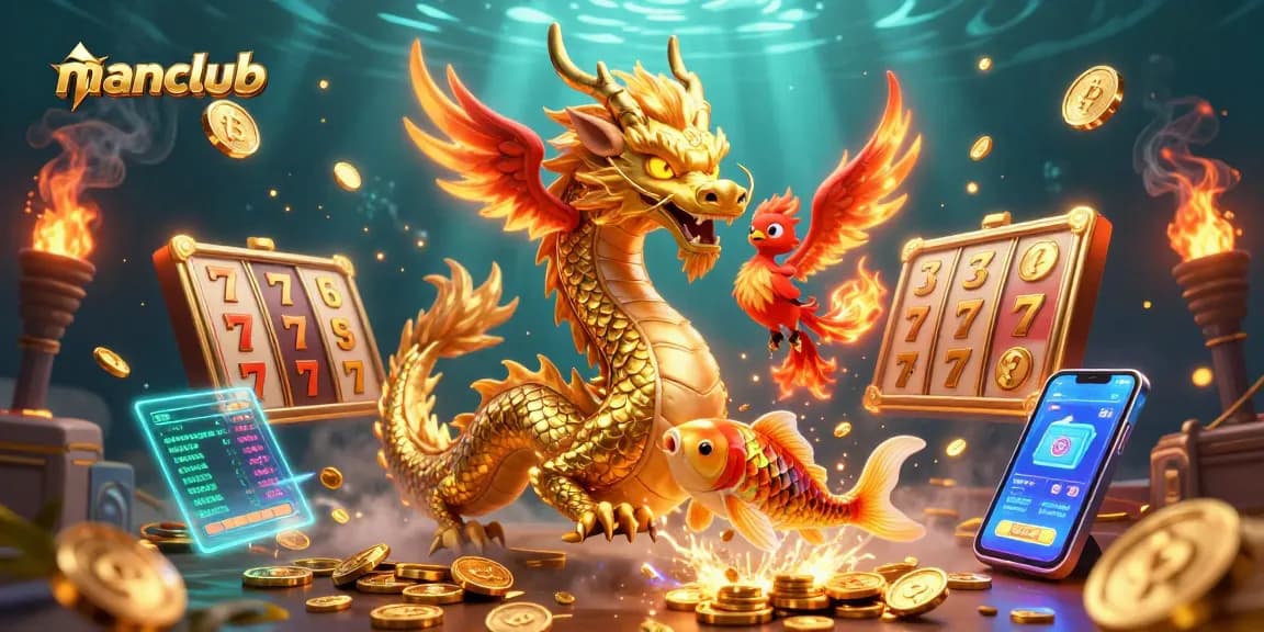 Experience winning slots at manclub with golden dragon and phoenix amidst a shower of coins.