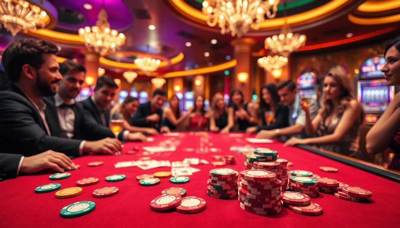 Engage with 18vip娱乐 at a lively gaming table featuring colorful chips and vibrant casino atmosphere.
