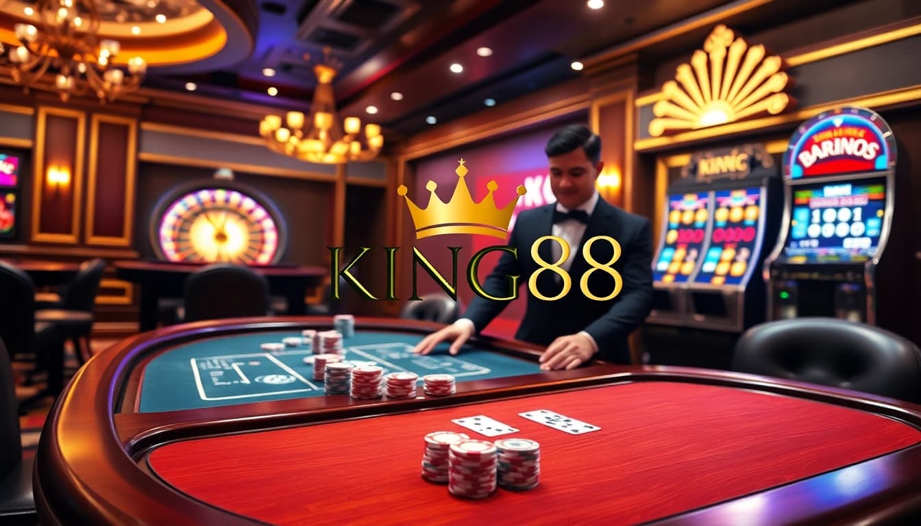 king88 features a luxurious online casino scene with poker tables, roulette wheels, and engaging dealers.