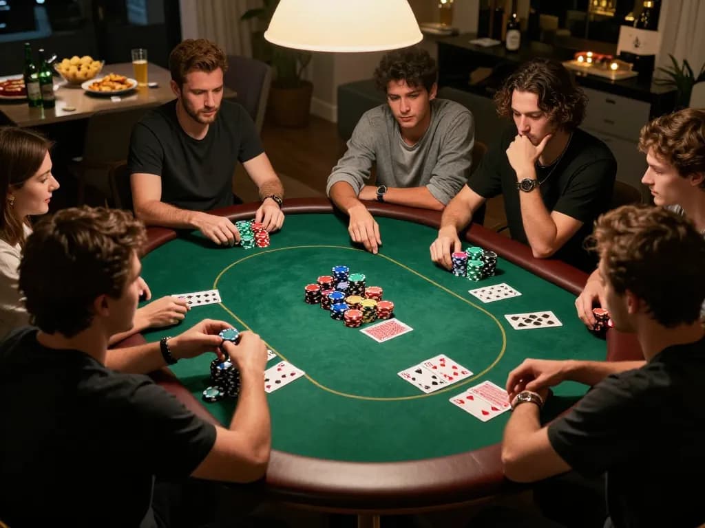 Players enjoying an intense poker game at home, showcasing msg777 strategy and excitement.