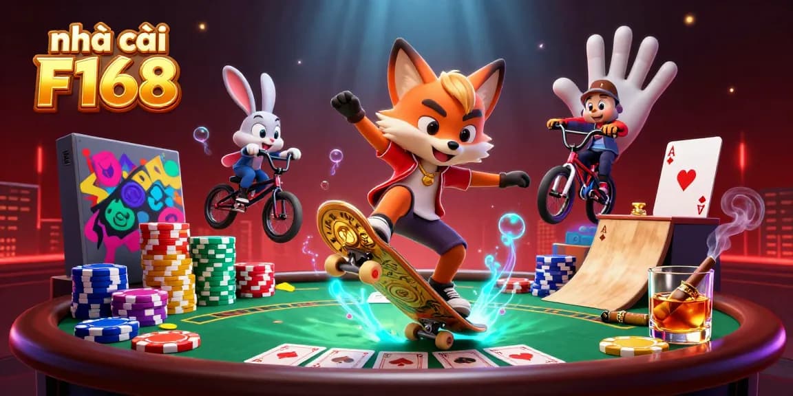 Action-packed scene showcasing nhà cái F168 with vibrant characters amidst poker elements and casino atmosphere.