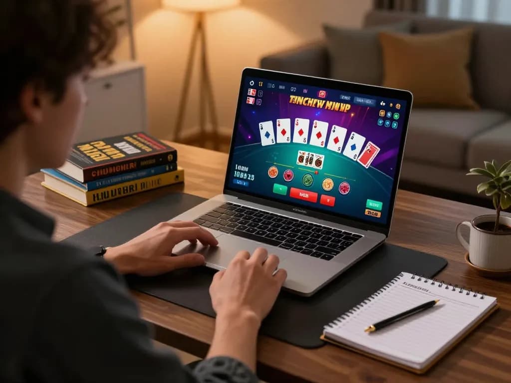 Bermain permainan blackjack dealer langsung di laptop di rumah, menunjukkan strategi kiu77