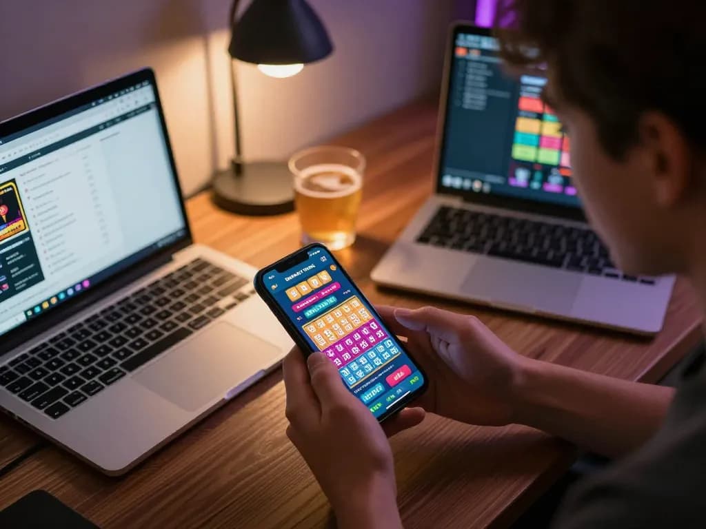 Engaged player using bandar togel app on smartphone, modern gaming setup.