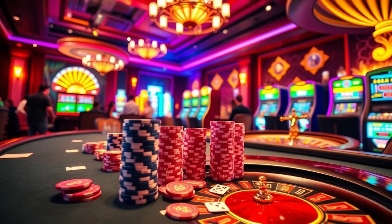 Engaging poker scene at 98win casino, showcasing luxury and excitement in gambling.