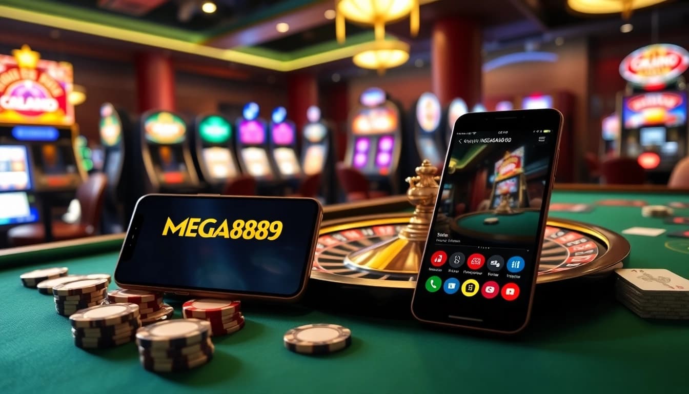 Experience the excitement of MEGA888 with a luxurious casino scene featuring poker chips and slot machines.