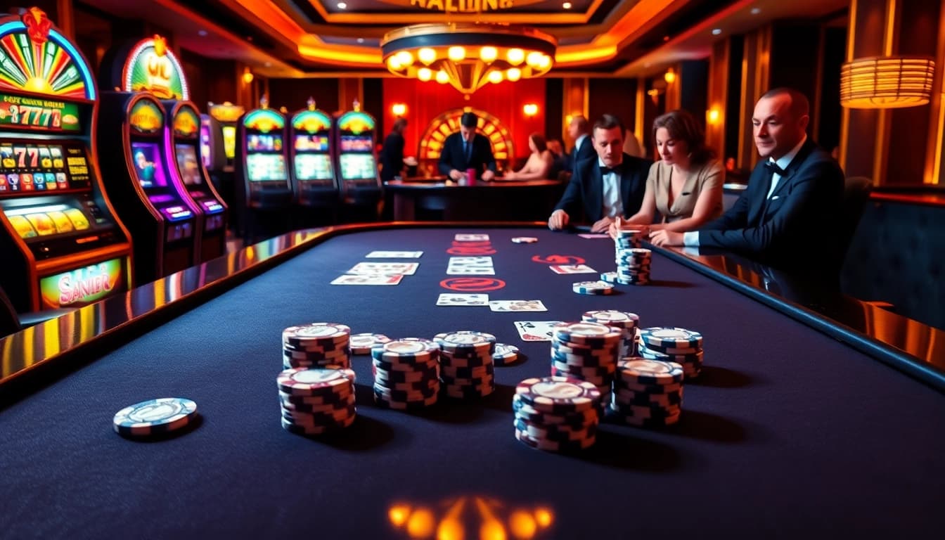 Daga challenges players at a luxurious casino poker table, surrounded by bright slot machines.