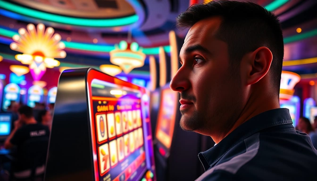 Menangkan slot gacor dengan kegembiraan pemain di mesin slot di kasino yang cerah.