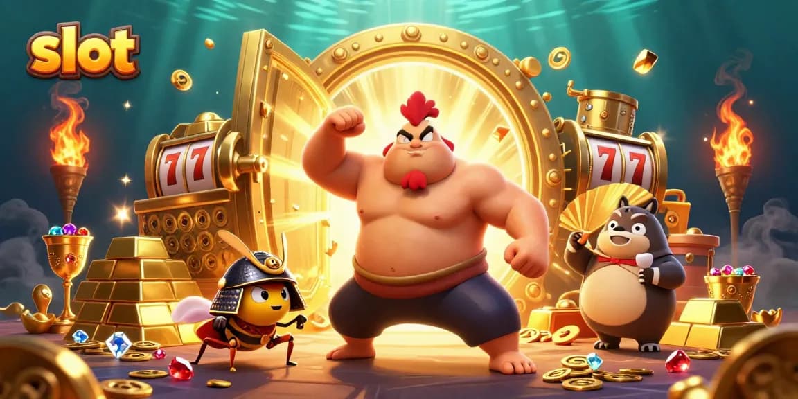 Play thrilling slot games surrounded by rich treasures and captivating characters in this digital illustration.