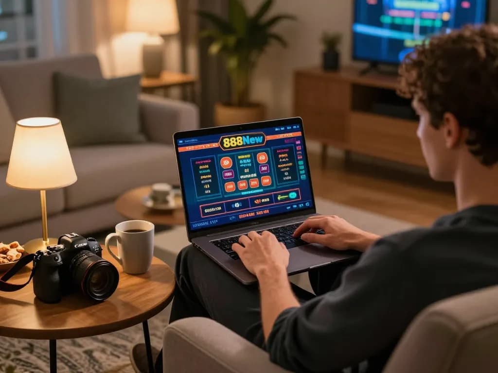 Play online games at 888New casino on a laptop in a cozy home setting.