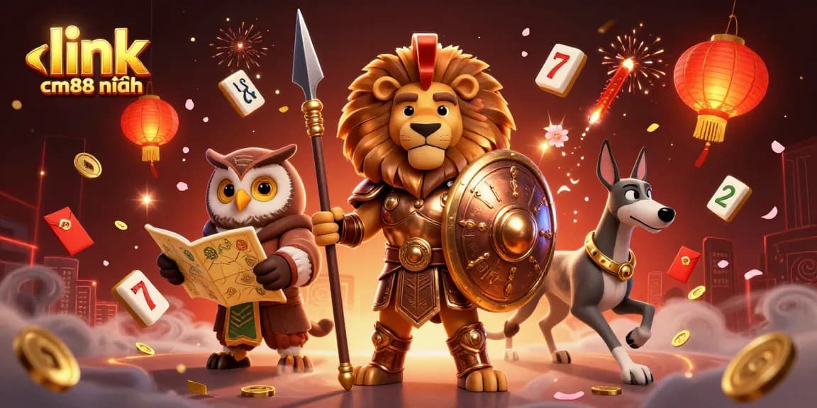 Engage with link cm88 mới nhất and enjoy thrilling casino scenes featuring a lion, owl, and greyhound surrounded by casino elements.