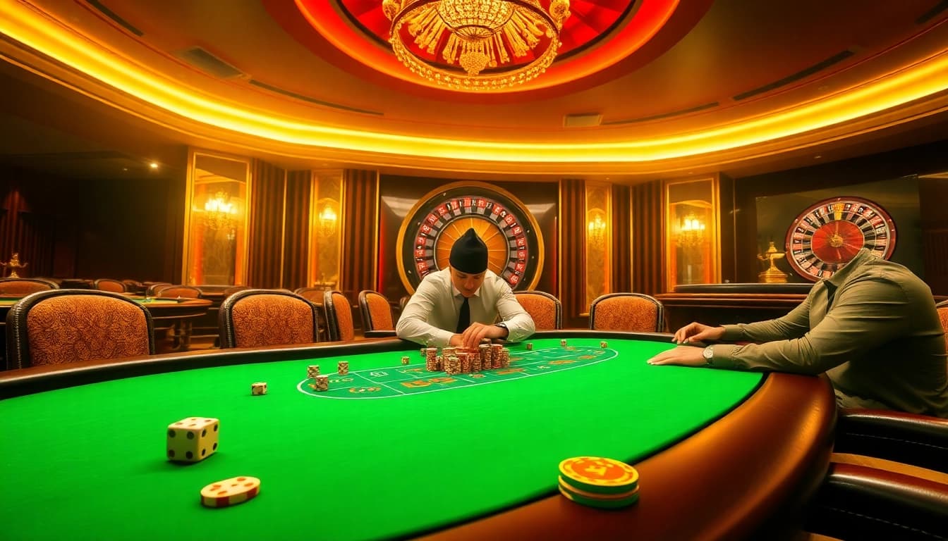 Engaged players at an e2bet poker table with chips and cards in a luxurious casino.