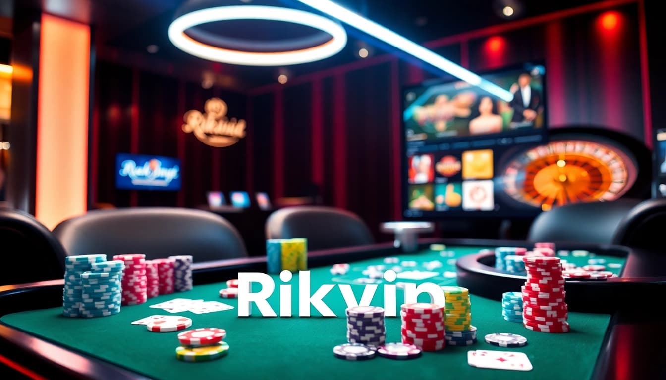 Rikvip gamblers placing bets at an exciting casino table focused on poker and roulette.
