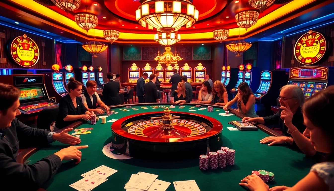 This vibrant casino image showcases an exciting poker game at nhacaiuytinvn.us.com, highlighting colorful chips, cards, and a spinning roulette.