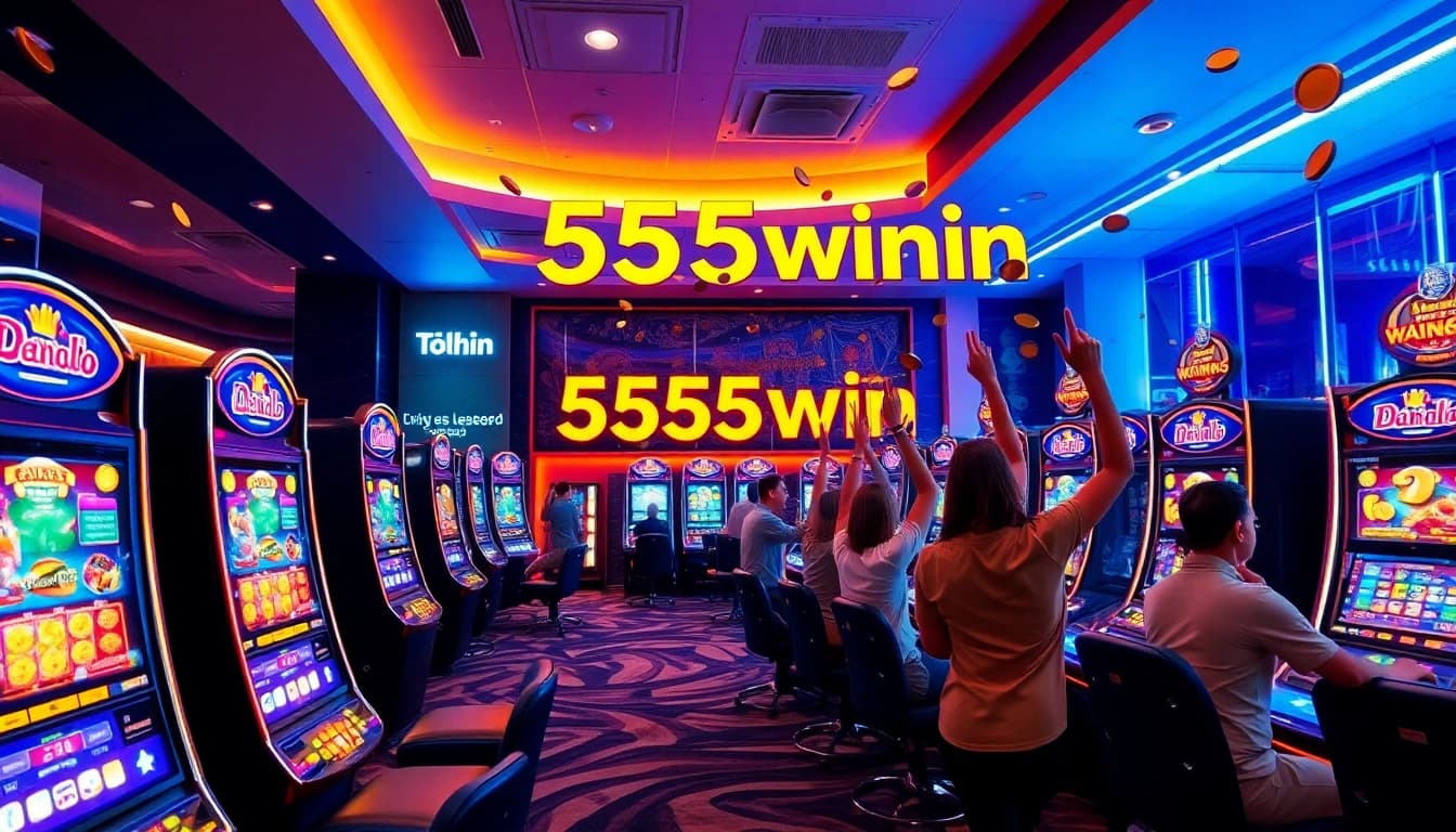 Exciting gaming scene featuring 555win slot machines with players celebrating wins.