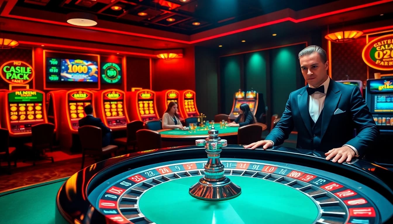 Action-packed casino scene showcasing PXJ poker chips and roulette wheels in a vibrant atmosphere.