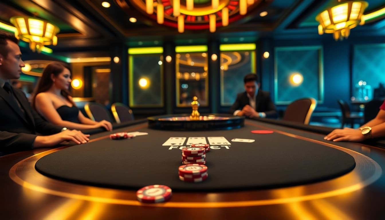 Experience the thrill of F8BET at a luxurious casino table filled with exciting poker and roulette gameplay.