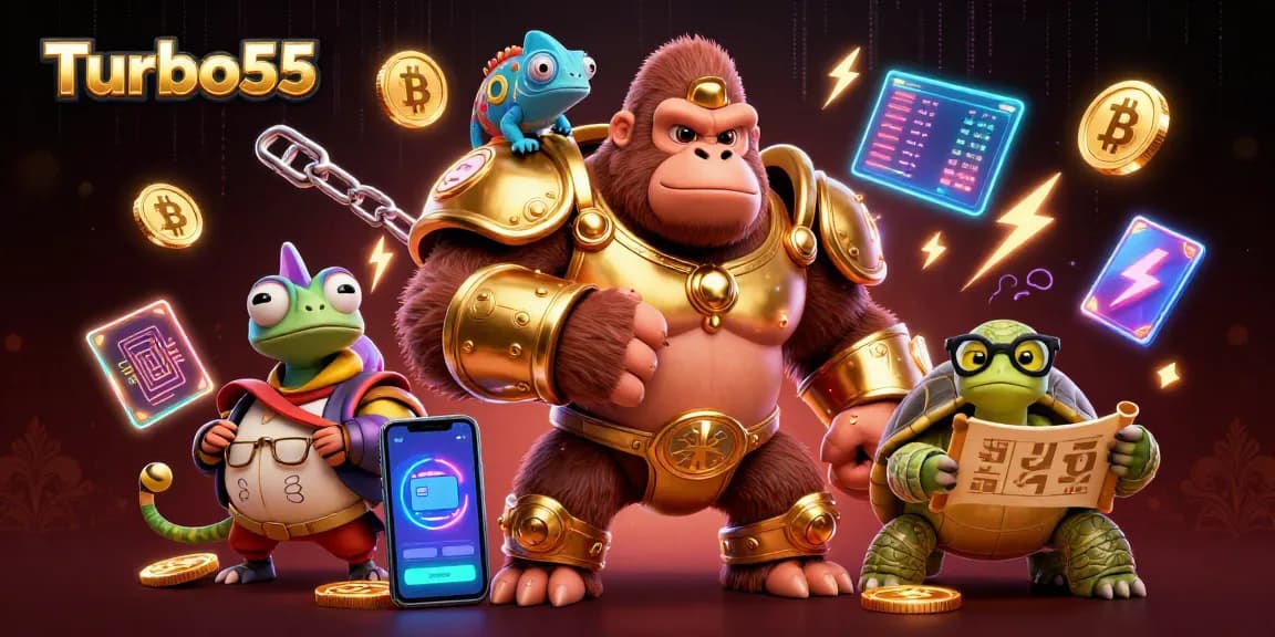 Turbo55 illustrates vibrant blockchain gameplay with a powerful gorilla king and dynamic elements.
