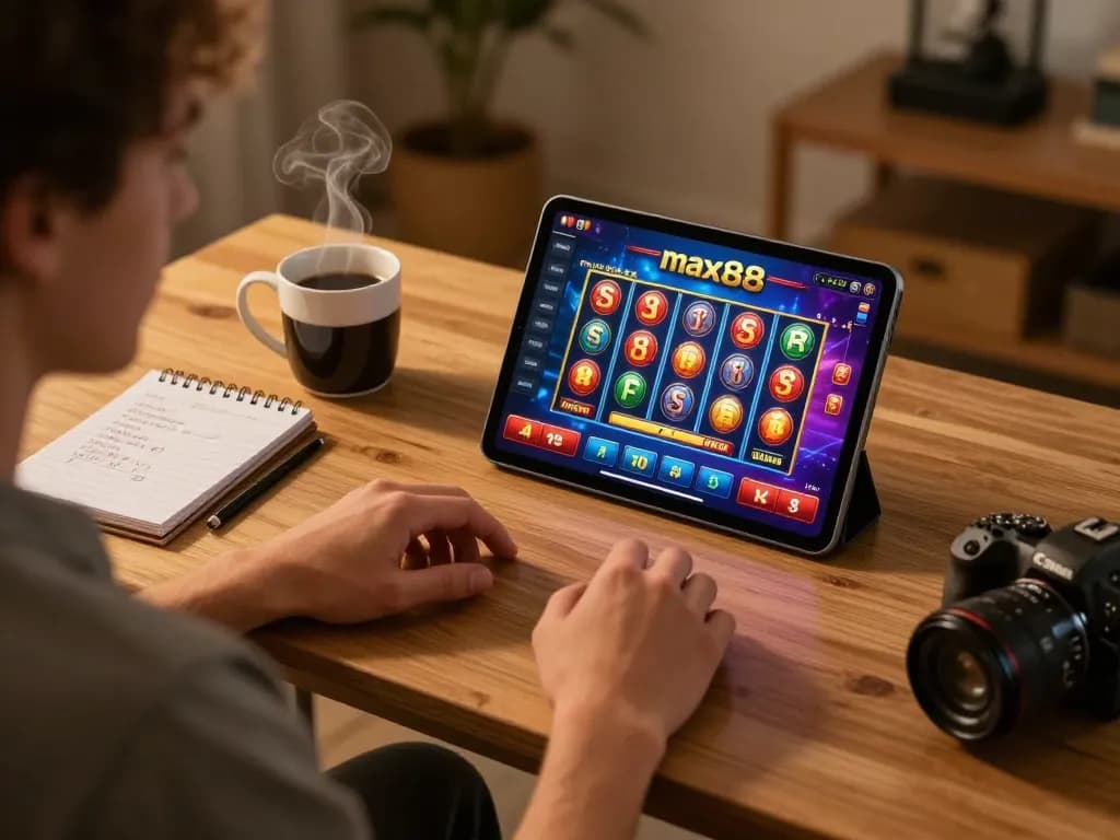 Engaged user playing slots on max88 app in a cozy home environment, showcasing strategic gameplay.