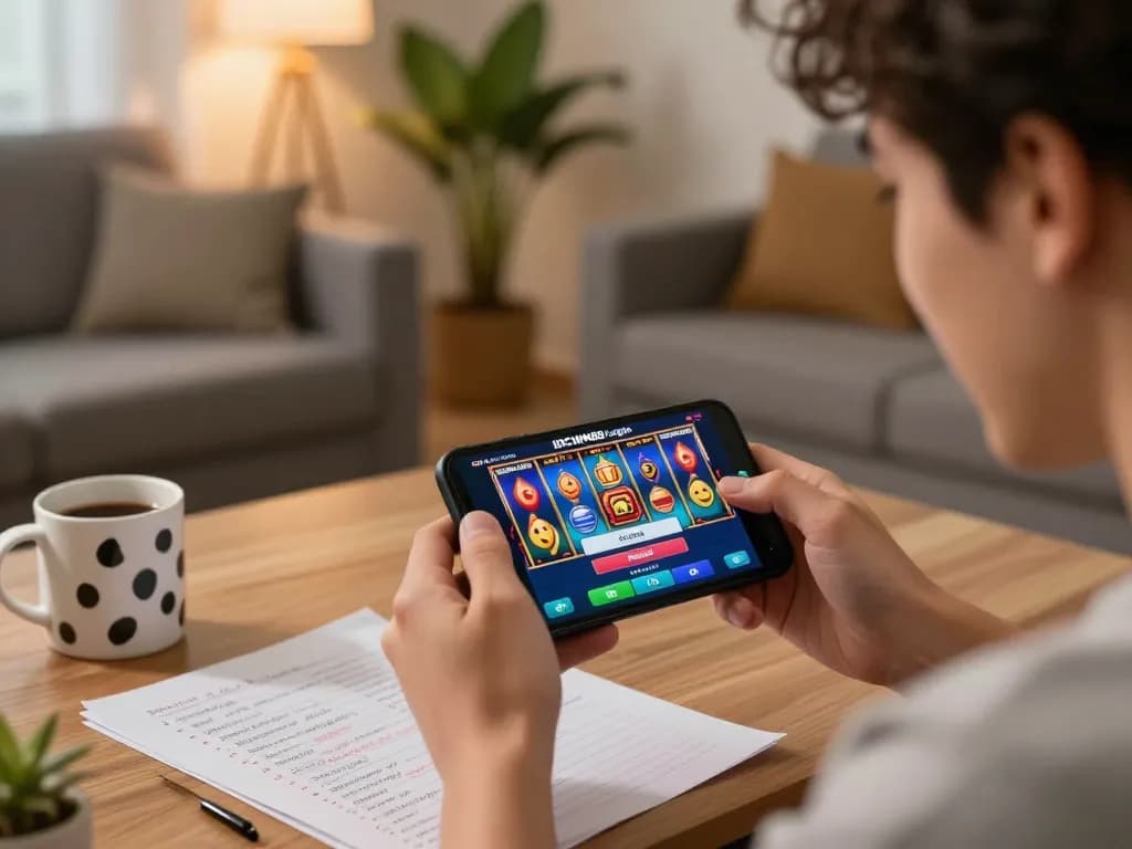 Player engaging with IDCWIN88 Login on smartphone, showcasing vibrant online slot gaming atmosphere.